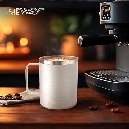 MEWAY 12oz Coffee Mug With Handle 4 Pack Bulk,Stainless Steel Insulated Travel Tumblers With Sliding Lid,Double Wall Vacuum Camping Cup for Hot & Cold Drinks Tea (White,Set of 4)
