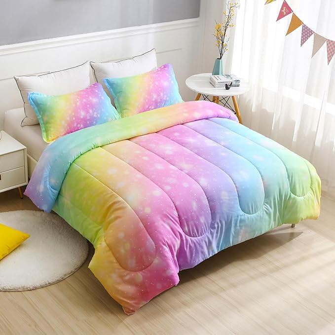 Girls Unicorn Bedding Set 3 Piece Rainbow Comforter Set for Teen Girls Adults with Sparkle Stars Soft Bedding Sets Machine Washable, Multi, Full