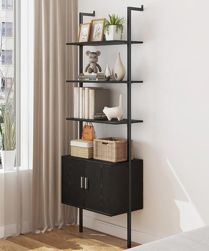 Yusong 73" Tall Bookshelf with Cabinet, Industrial Ladder Wall Mount Shelf Bookcase with Wood and Metal Frame, Plant Shelf Wall Storage Display for Living Room Bedroom, Black Wood Grain