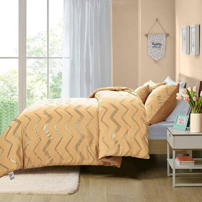 Yellow Gold Comforter Set Twin Size Metallic Bedding Set for Girls Lightweight Microfiber Comforter Set,3 Piece (1 Matching Sham + 1 Decorative Pillow)