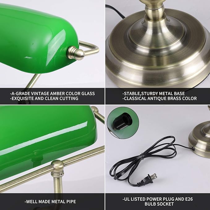Green Glass Bankers Desk Lamp,Vintage Desk Lamp Touch Control, 3 Way Dimmable Table Lamp with USB Charging Port, Mid Century Banker's Desk Lamp for Home Office Library Antique Brass