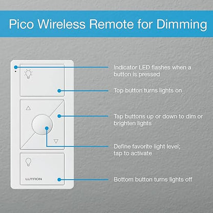 Lutron Caseta 3 Way Smart Dimmer Switch Kit, w/ Wireless 3 way Pico Remote and Bracket, Light Switch for LED Lights, No Neutral Required, P-PKG1WB-WH