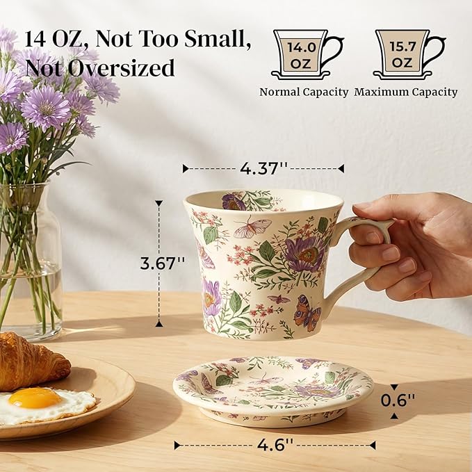 DOWAN 14 OZ Tea Cup & Saucer Set, Floral Mug with Lid, Ceramic Cappuccino/Latte Mug for Women, One Set