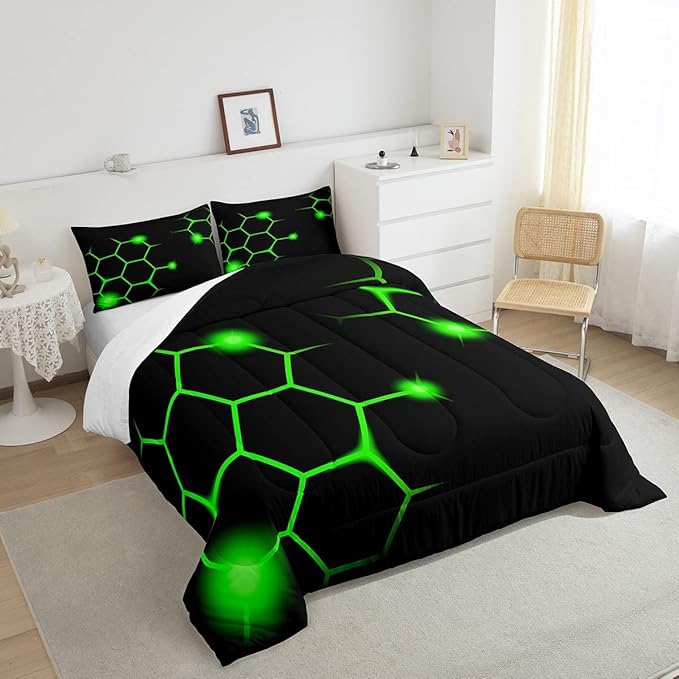 Hexagonal Comforter Set Geometric Honeycomb Bedding Set for Kids Adults Neon Green Black Comforter Modern Hexagon Beehive Quilt Set Ultra Soft Room Decor Queen Size Bedroom Collection 3Pcs