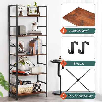 Yoobure 5 Tier Bookshelf - Tall Book Shelf Modern Bookcase for CDs/Movies/Books, Rustic Book Case Industrial Bookshelves Book Storage Organizer for Bedroom Home Office Living Room Brown