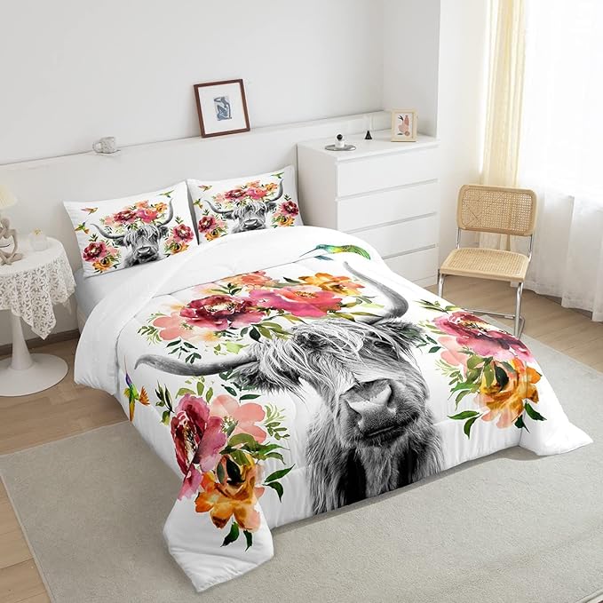 Erosebridal Highland Cow Floral Comforter Set Full Size Bull Cattle Flower Bedding Set Wildlife Farmhouse Cow Quilt Hummingbird Duvet Insert Soft All Season White Down Comforter with 2 Pillowcases
