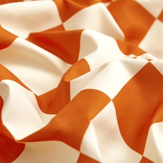 Orange White Grid Comforter Set Cal King Burnt Orange Plaid Bedding Set Women Reddish and White Checkered Bed Comforter Set Breathable Blanket Set Men Durable Bedding Comforter Set