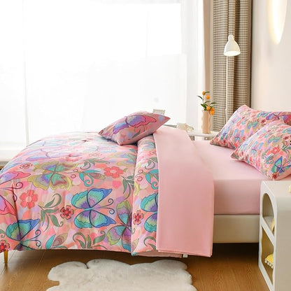 Butterfly Bedding Set Full, Pink Butterfly Comforter Set for Girls Kids Teens 6 pcs Bed in a Bag Full Bedding Sets for Girls