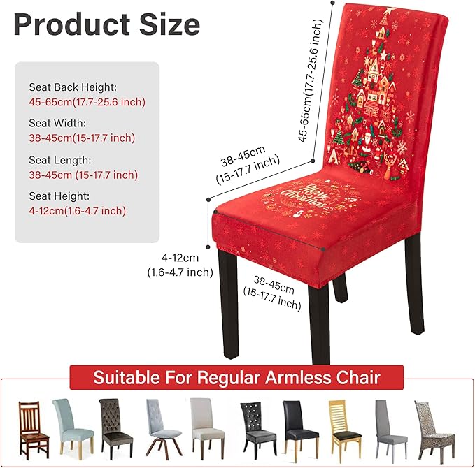 4PCS Christmas Dining Chair Covers, Stretch Removable Washable Dining Room Chair Protector Slipcovers, Xmas Tree Heart Kitchen Chair Cover, Slipcover Protector for Xmas Holiday Party Home Décor