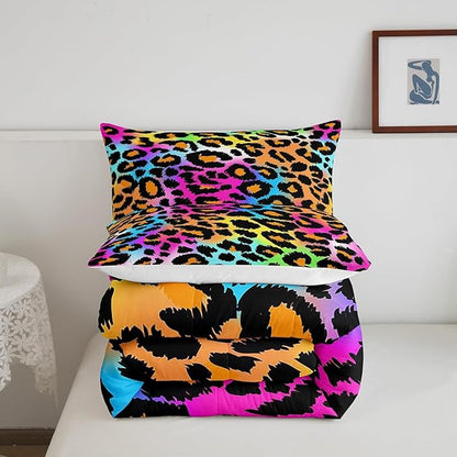 Leopard Print Comforter Set for Girls Kids Women Neon Rainbow Leopard Fur Bedding Set Mottled Exotic Panthera Skin Comforter Room Decor Colorful Camouflage Safari Theme Duvet Set Full Size Quilt Set