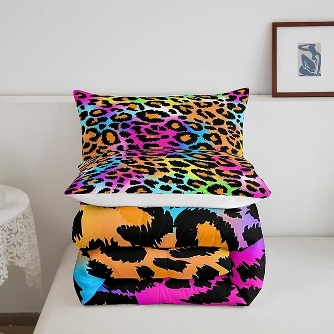 Leopard Print Comforter Set for Girls Kids Women Neon Rainbow Leopard Fur Bedding Set Mottled Exotic Panthera Skin Comforter Room Decor Colorful Camouflage Safari Theme Duvet Set King Size Quilt Set