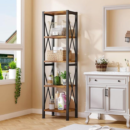5-Tier Narrow Bookshelf, Ladder Bookshelf, Tall Bookshelf for Bedroom with Open Shelves, Office Bookshelf, Industrial Standing Bookshelf for Bedroom, Living Room and Home Office