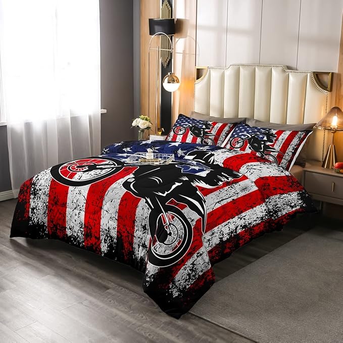 Dirt Bike Comforter Set Queen Motocross Comforter Retro American Flag Bedding Set for Kids Boys Teens Men Grunge Room Decor,Extreme Sports Tie Dye Bed Set Motor Biker Motorcycle Quilt Duvet Set 3 Pcs