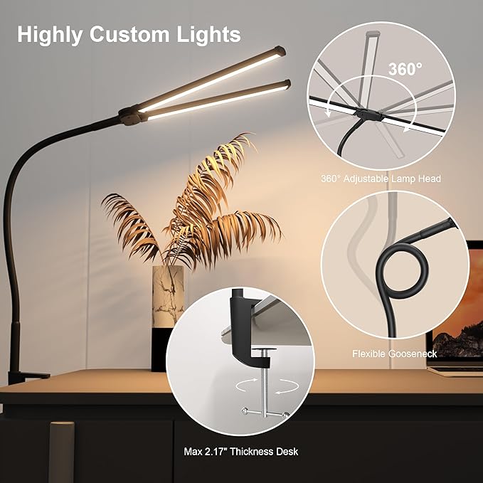 Desk Lamp, Double Head Led Desk Lamp, 15W Ultra Bright Architect Task Desk Light, Eye Caring Desk light, Desk Lamp for Home/Office/Study/Drafting/Reading/Dorm(Black)