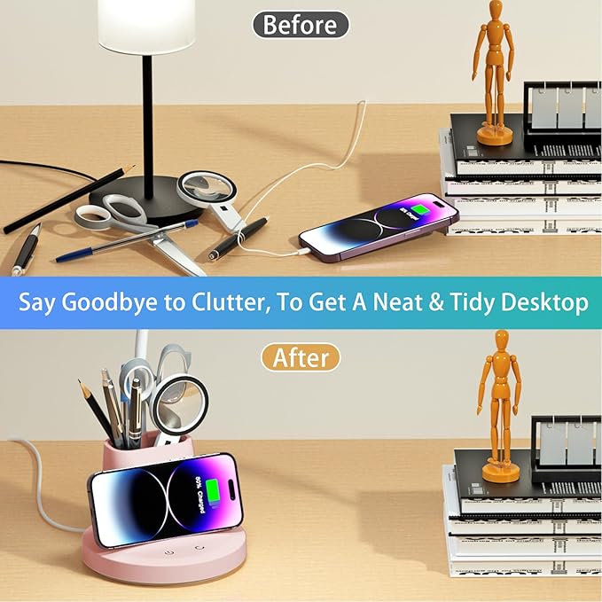 Sailstar Desk Lamp for Home Office, Small Desk Lamp with Wireless Charger & Pen Holder, Cute Desk Lamp LED Dimmable Touch 3 Lighting Modes Memory, Gooseneck Pink Desk Light for College Dorm Room