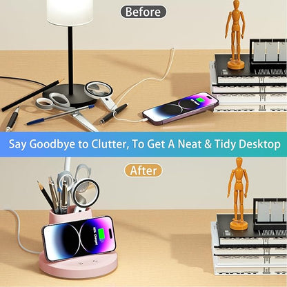 Sailstar Desk Lamp for Home Office, Small Desk Lamp with Wireless Charger & Pen Holder, Cute Desk Lamp LED Dimmable Touch 3 Lighting Modes Memory, Gooseneck Pink Desk Light for College Dorm Room