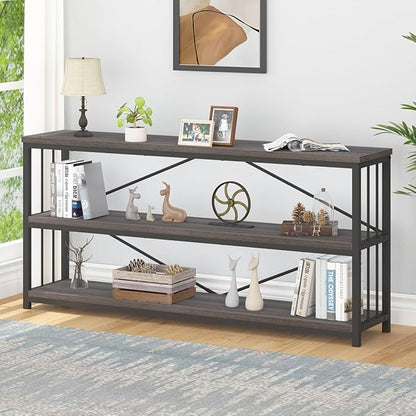 IBF Wood and Metal Book Shelf, Industrial Rustic Low 3 Tier Bookshelf, Farmhouse Long Wide Vintage Horizontal Bookcase, Modern Large Open Etagere for Home Office Living Room Bedroom, Gray Oak, 63 Inch