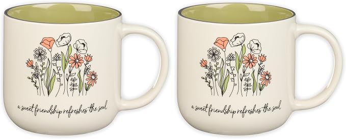 Christian Art Gifts Large Ceramic Coffee & Tea Mug for Women & Friends: Sweet Friendship - Proverbs 27:9 Scripture, Cute Microwave/Dishwasher Safe Floral Cup, Sage Green/White, 15 oz. (Pack of 2)