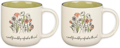 Christian Art Gifts Large Ceramic Coffee & Tea Mug for Women & Friends: Sweet Friendship - Proverbs 27:9 Scripture, Cute Microwave/Dishwasher Safe Floral Cup, Sage Green/White, 15 oz. (Pack of 2)