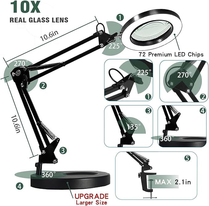 Magnifying Glass with Light and Stand, 10X Magnifying Lamp, 2-in-1 Magnifying Desk Lamp with Clamp, 3 Color Mode, Magnifying Glasses with Light for Close Work (2nd Generation Base ＆ Clamp)