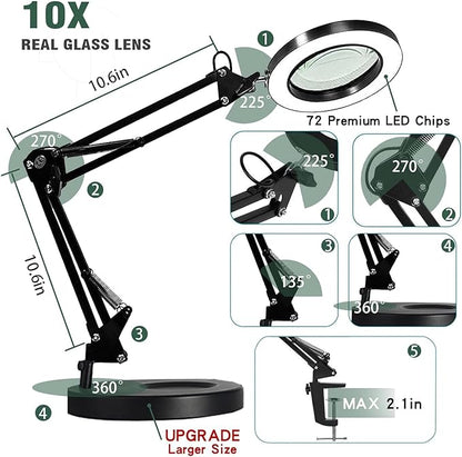 Magnifying Glass with Light and Stand, 10X Magnifying Lamp, 2-in-1 Magnifying Desk Lamp with Clamp, 3 Color Mode, Magnifying Glasses with Light for Close Work (2nd Generation Base ＆ Clamp)