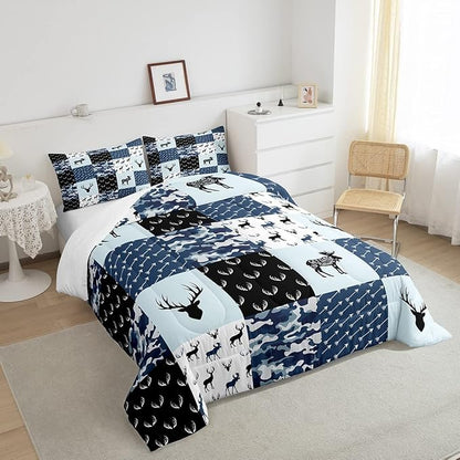 Cute Deer Comforter Set Full, Military Camo Bedding Set for Kids Boys Teens Bedroom Tribal Animal Antlers Silhouette Quilted Comforter Checkered Plaid Arrows Bedding Comforters, Army Blue and White