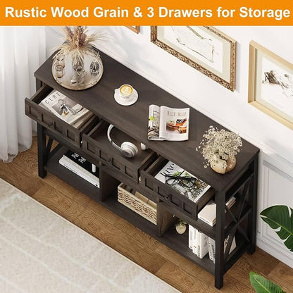 FATORRI Rustic 6 Cube Storage Organizer Shelf with 3 Drawers, Long Horizontal Bookshelf, Industrial Wood and Metal Cubby Bookcase (Walnut Brown, 47 Inch)