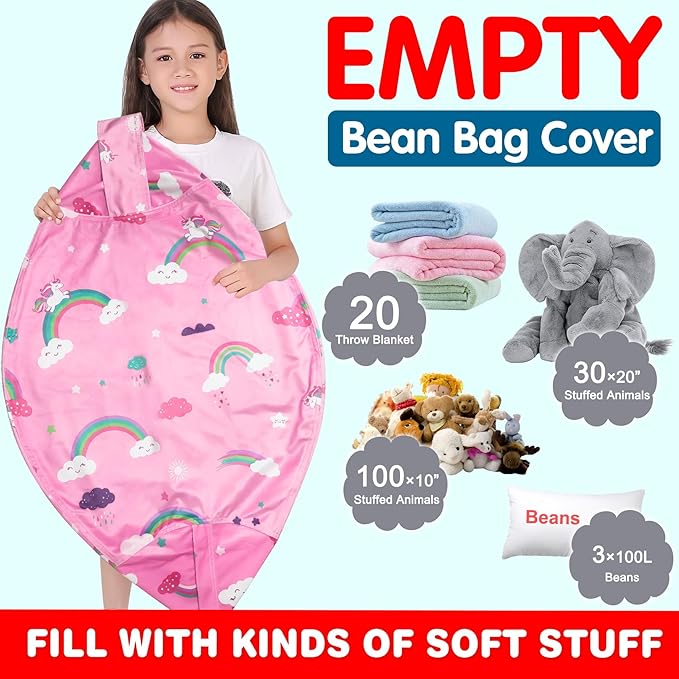 Lukeight Unicorns Stuffed Animal Storage Bean Bag Chair Cover for Kids, Unicorns Zipper Beanbag Chair Cover for Organizing Toddler & Kids' Rooms Plush Toys (Rainbow Pink, XX-Large)
