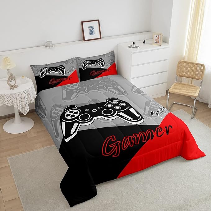 Feelyou Gamer Comforter Set for Boys Teens Gaming Bedding Set Video Game Contoller Home Decor for Kids Down Alternative Comforter Queen Size 3 Pieces 1 Comforter with 2 Pillowcases