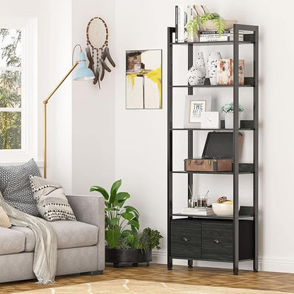 Furologee 6-Tier Bookshelf, Tall Bookcase with 2 Drawers Storage Organizer, Industrial Display Free Standing Shelf Units, Wood and Metal Storage Rack for Home Office, Bedroom, Black Oak