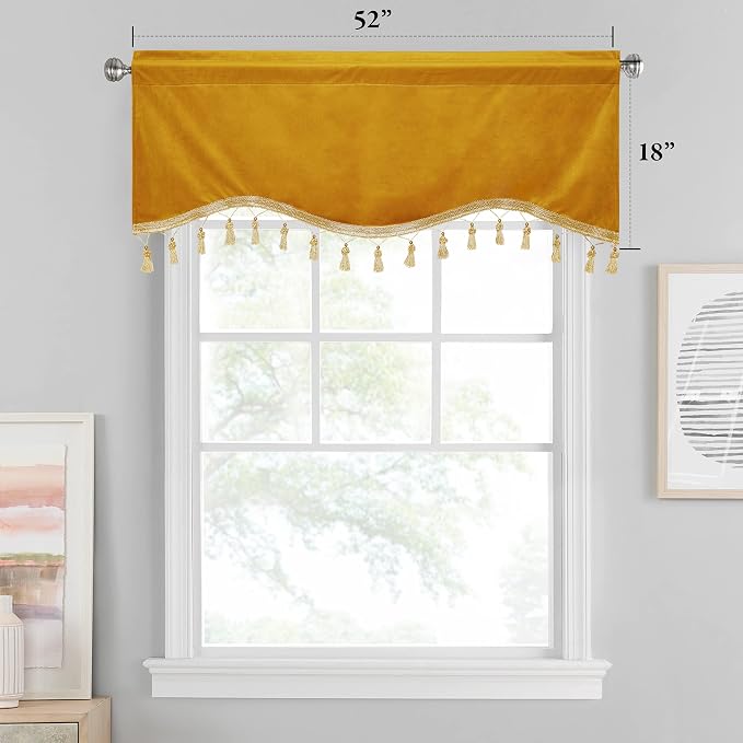 Warm Gold Autumn Tassel Velvet Valances Curtains 52x18 Inch 2 Panels | Rod Pocket Scalloped Tier Curtains, Light Dimming Privacy Protect Window Drapes for Cafe, Holiday Fall Decor