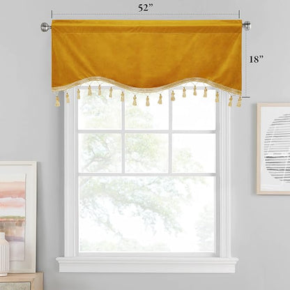 Warm Gold Autumn Tassel Velvet Valances Curtains 52x18 Inch 2 Panels | Rod Pocket Scalloped Tier Curtains, Light Dimming Privacy Protect Window Drapes for Cafe, Holiday Fall Decor