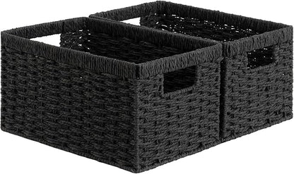 StorageWorks Pantry Baskets, Wicker Storage Baskets for Organizing, Bathroom Shelves, Pantry Organizers and Storage, Medium, Black, 2-Pack