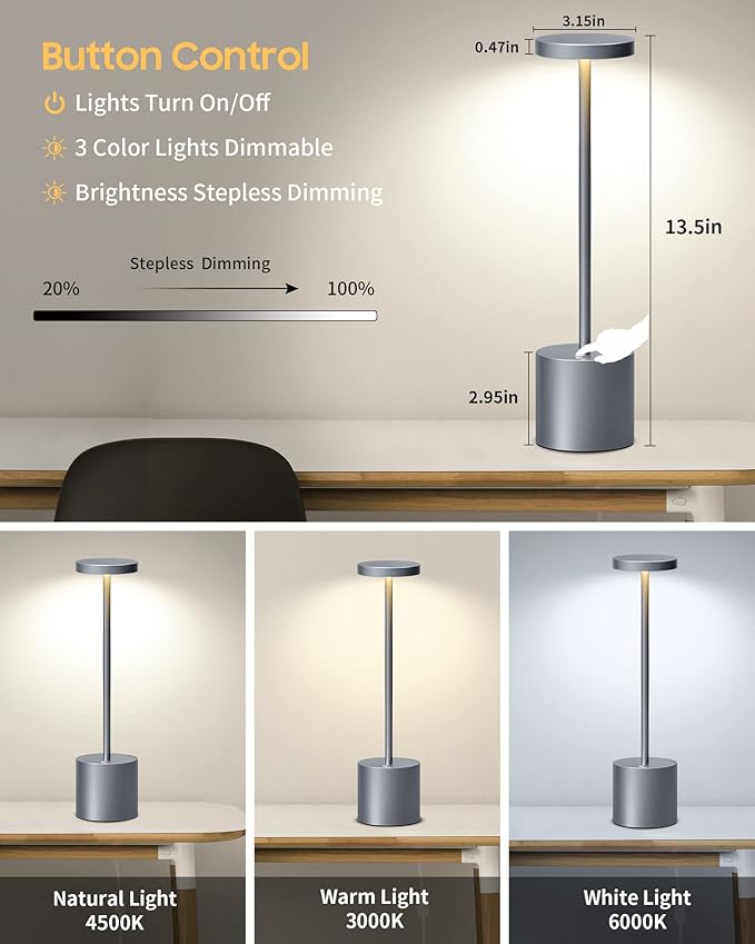 Cordless Table Lamp, LED Metal USB Rechargeable 6000mAh 3 Levels Dimmable Brightness Night Light Desk Lamp Nightstand Reading Lamps for Bedside Study Restaurant Dining Patio 13.5in Grey 2pack