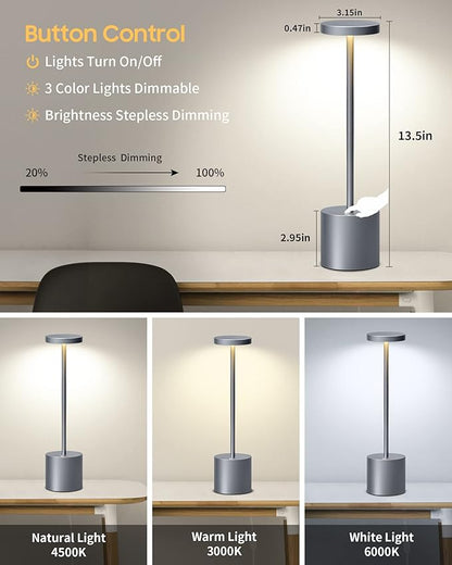 Cordless Table Lamp, LED Metal USB Rechargeable 6000mAh 3 Levels Dimmable Brightness Night Light Desk Lamp Nightstand Reading Lamps for Bedside Study Restaurant Dining Patio 13.5in Grey 2pack