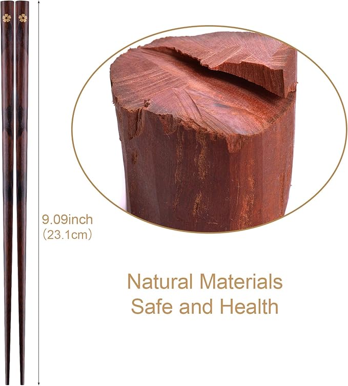 GLAMFIELDS Reusable Chopsticks Japanese Natural Wooden Classic Style 5 Pairs Lightweight Hand-Carved Safe Chop Sticks 8.8 Inch/22.5cm Gift Set