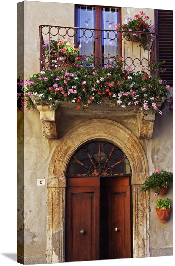 ART.COM Stretched Canvas Print Balcony Flowers and Doorway in Pienza Tuscany Italy by Julian Castle, 16" x 24"