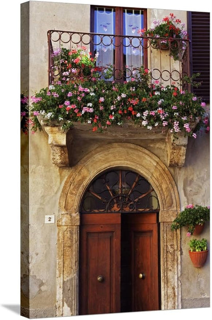 ART.COM Stretched Canvas Print Balcony Flowers and Doorway in Pienza Tuscany Italy by Julian Castle, 16" x 24"