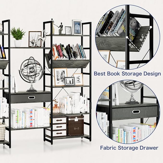 NUMENN Triple Wide 5 Tier Bookshelf, Adjustable Rustic Industrial Style Book Shelves, Modern Bookcases and Bookshelves Furniture for Bedroom, Living Room and Home Office, Dark Grey