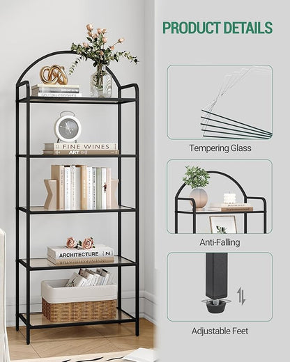 Bookcase Bookshelf, Tempered Glass Bookshelves, Slim Shelving Unit for Bedroom, Bathroom, Home Office, Steel Frame, 5 Tier Black BC21599B