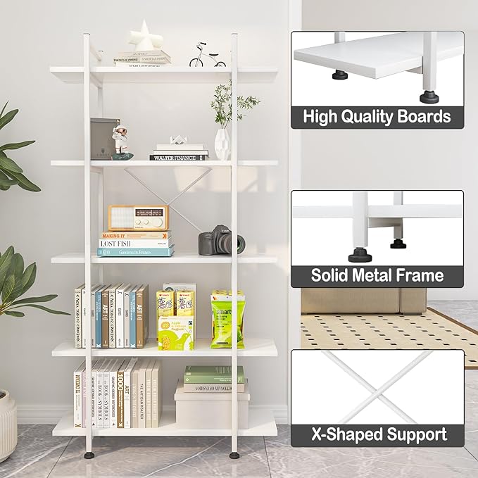 Bookshelf 5 Tiers White Wooden Storage Shelf,Modern Open Display Storage Bookcase Book Organizer,Metal Bookshelf Standing Storage Shelf Tall Shelving Units for Home Office Study