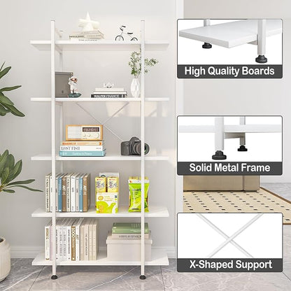 Bookshelf 5 Tiers White Wooden Storage Shelf,Modern Open Display Storage Bookcase Book Organizer,Metal Bookshelf Standing Storage Shelf Tall Shelving Units for Home Office Study