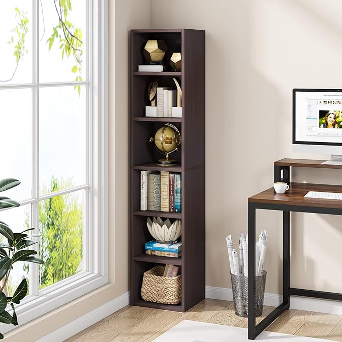 70.9 Inch Tall Narrow Bookcase, Corner Bookshelf 6 Tier Cube Display Shelf Storage Organizer for Small Space, Brown