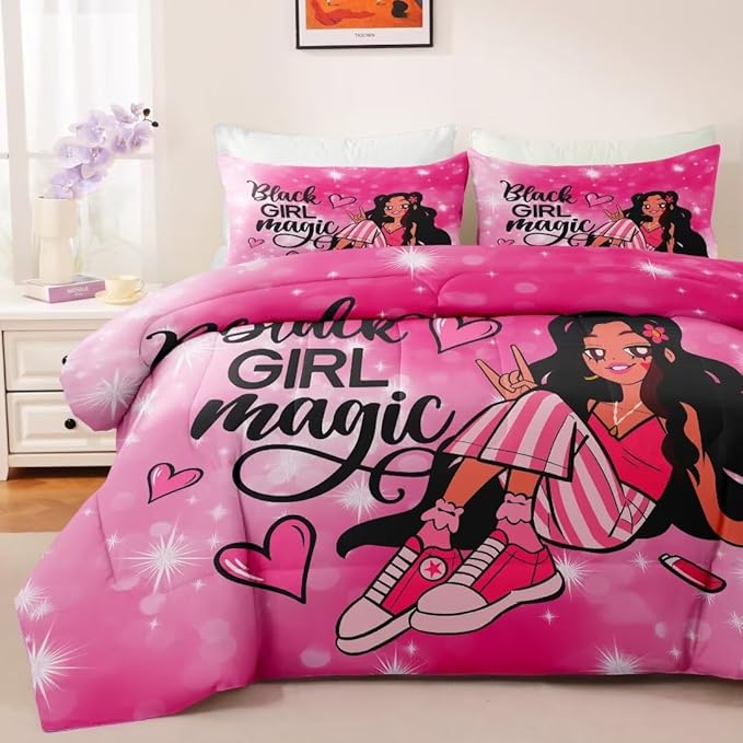 Black Girl Comforter Set Twin for Kids,Black Girl Magic Bedding Set,Cuet Black Princess Girl Comforter Black Queen Melanin Bedroom Bed Set