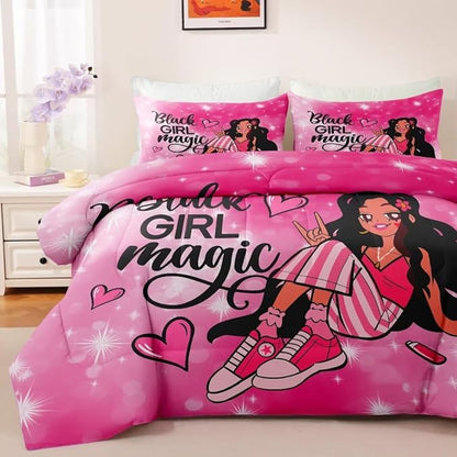 Black Girl Comforter Set Twin for Kids,Black Girl Magic Bedding Set,Cuet Black Princess Girl Comforter Black Queen Melanin Bedroom Bed Set