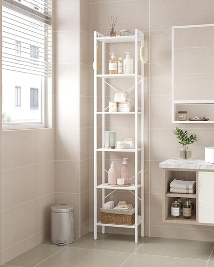 Bookshelf, Book Shelf, Industrial Bookcase with 2 Hooks, Coner Shelf Storage Organizer for Home Office, Living Room, Bedroom, Kitchen, 6-Tier White BC10713W
