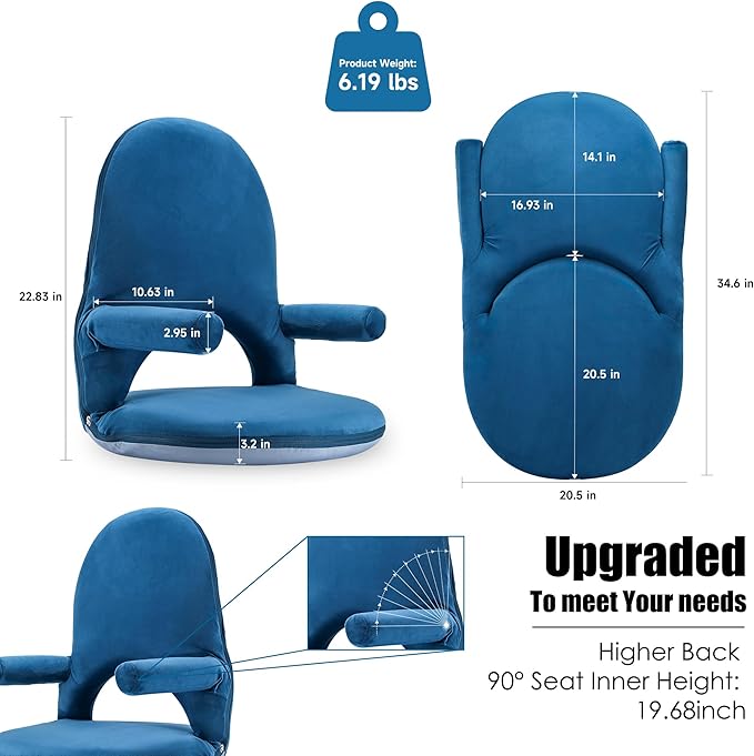 Nnewvante Floor Folding Chair Armrest, 42 Position Back Support Adjustable Floor Seat Washable Stackable Cushion for Class Meditation Playing Adults Kids,Ctystal Velvet Navy Blue
