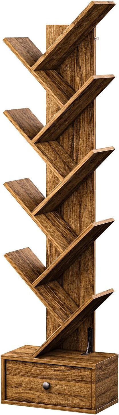Pipishell Bookshelf with Drawer, 8-Tier Vertical Tree Bookshelf, Modern Bookcase, Modern Book Storage, Book Shelf Organizer for Living Room, Bedroom, Home Office, Rustic Brown, PIBS03WN