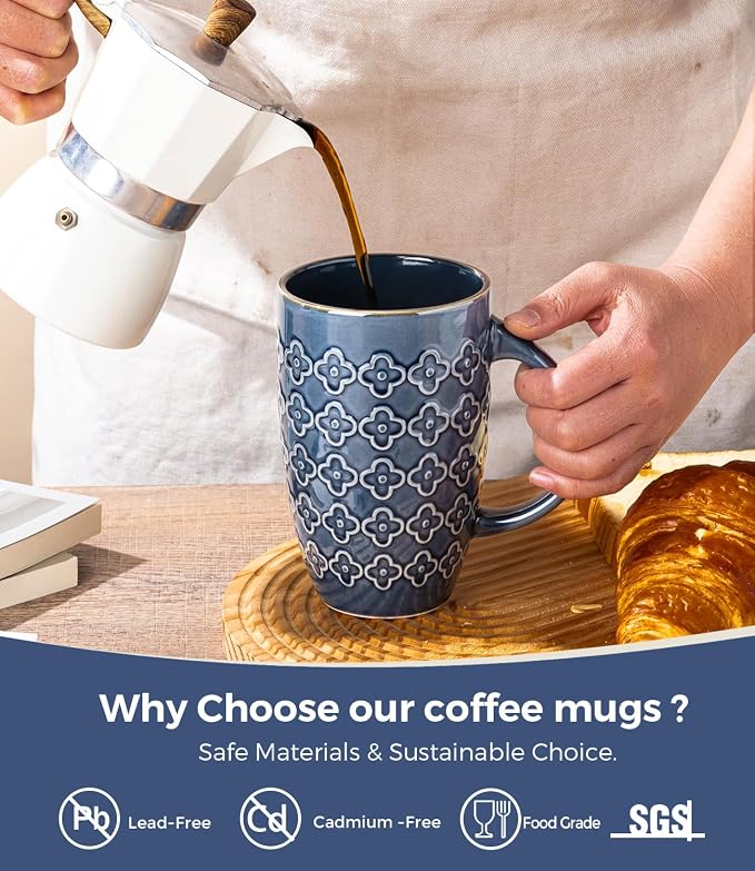 AmorArc Large Coffee Mugs Set of 6, 20oz Tall Coffee Mugs Set | with Texture Patterns for Cappuccino, Latte,Hot Cocoa, Dishwasher & Microwave Safe-Moonlight Blue