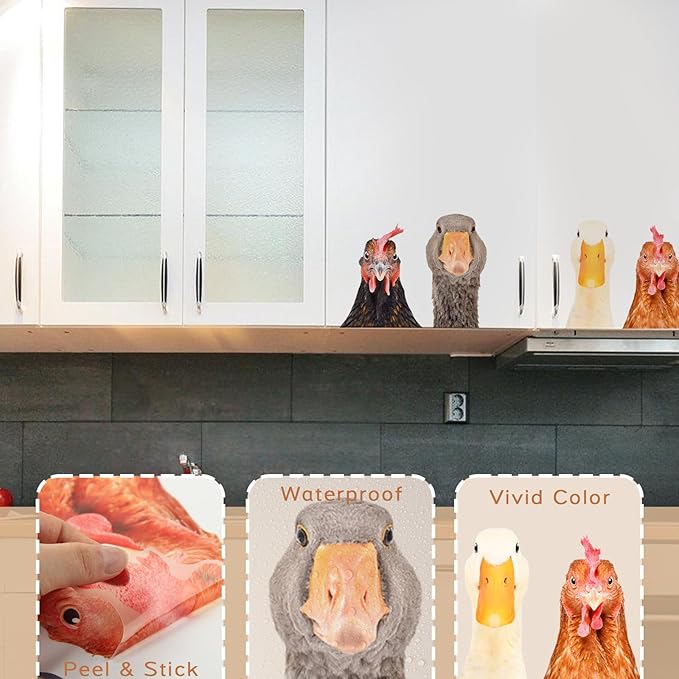 Funny Animal Windows Stickers Decor - 2 Hens Head & 2 Goose Head Window Cling Removable - Cute Animals Window Decals Peel and Stick - Funny Animals Wall Decor for Farmhouse Kitchen Door Refrigerator